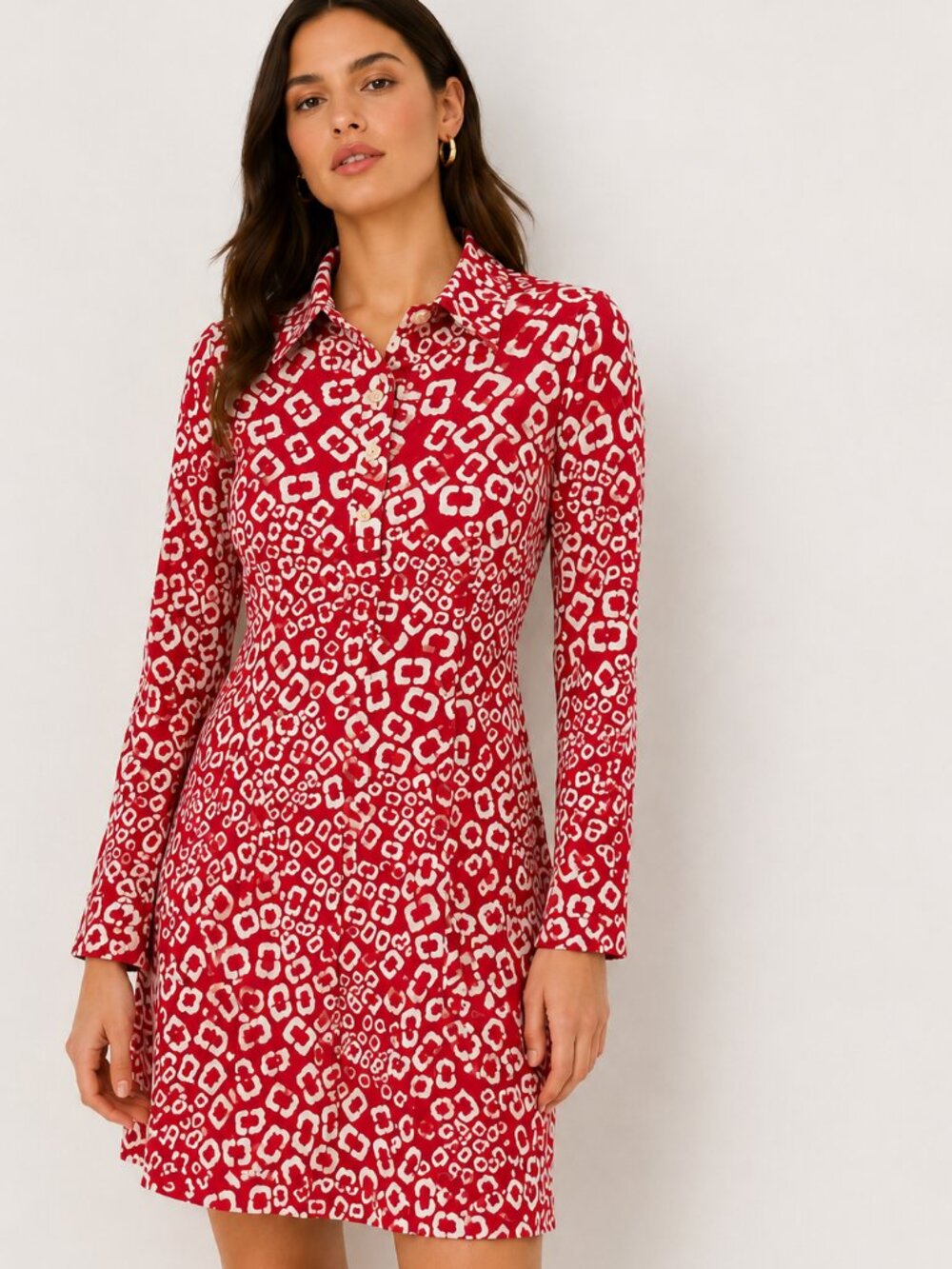 Diane von Furstenberg Silk Geometric Mod Shirt Dress Red White Gold Snap Y2K